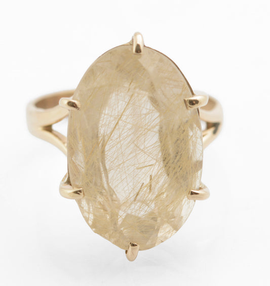 Vintage 9ct Gold Ring With Venus Hair Pale Lemon Citrine Gem Handmade c.1980's (C2723)