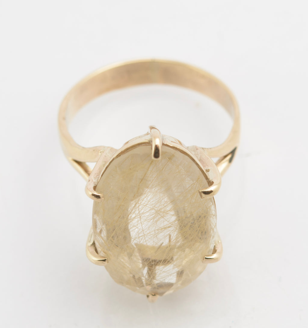 Vintage 9ct Gold Ring With Venus Hair Pale Lemon Citrine Gem Handmade c.1980's (C2723)