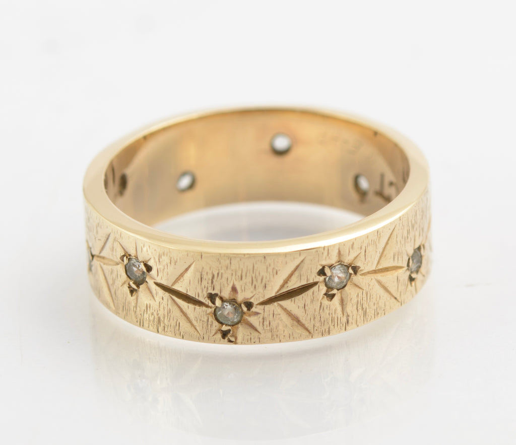 Vintage 9ct Gold & Rock Crystal Quartz Textured Band / Wedding Ring c.1970's (C2724)