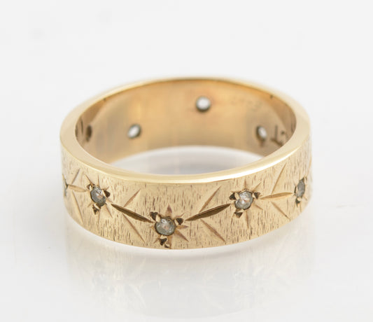 Vintage 9ct Gold & Rock Crystal Quartz Textured Band / Wedding Ring c.1970's (C2724)