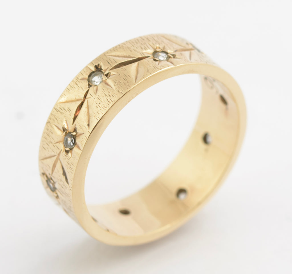 Vintage 9ct Gold & Rock Crystal Quartz Textured Band / Wedding Ring c.1970's (C2724)