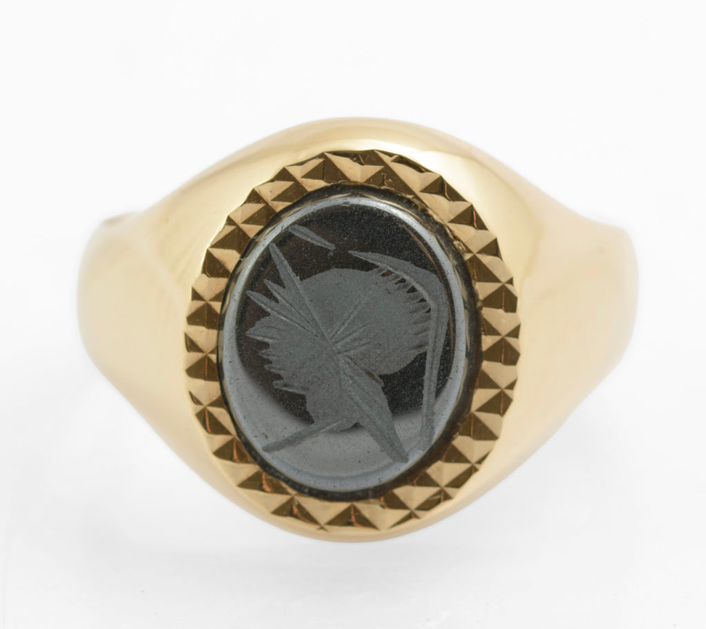 Vintage 9ct Gold Men's Signet Ring Hematite Centurion Engraved Cabochon UK S1/2 (C2726)