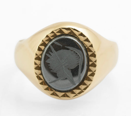 Vintage 9ct Gold Men's Signet Ring Hematite Centurion Engraved Cabochon UK S1/2 (C2726)