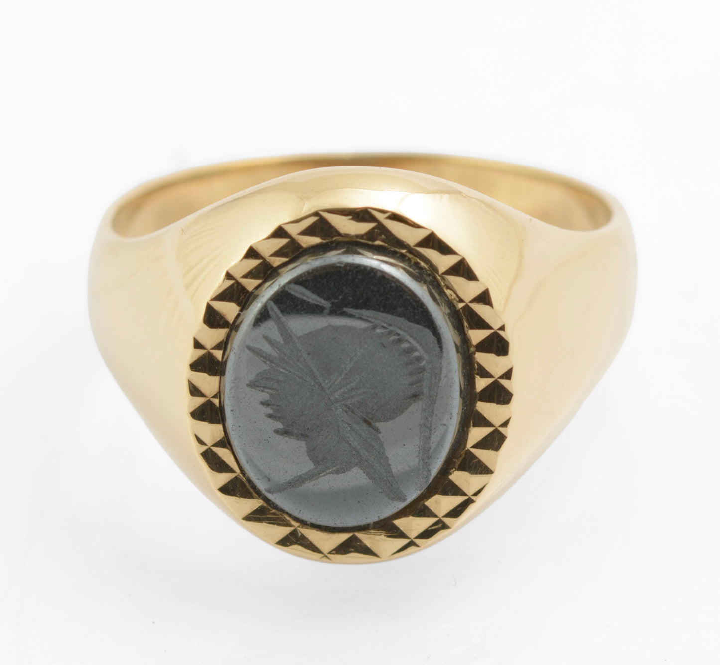 Vintage 9ct Gold Men's Signet Ring Hematite Centurion Engraved Cabochon UK S1/2 (C2726)