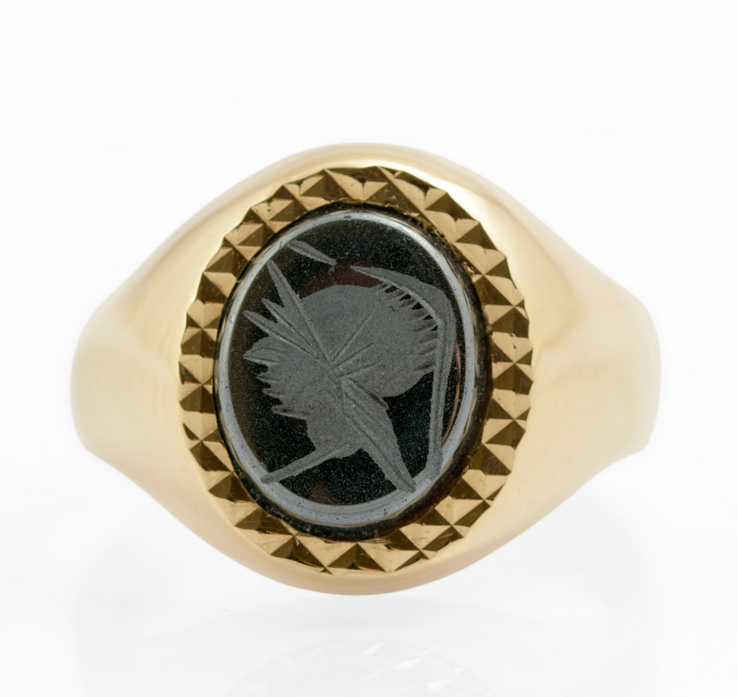 Vintage 9ct Gold Men's Signet Ring Hematite Centurion Engraved Cabochon UK S1/2 (C2726)