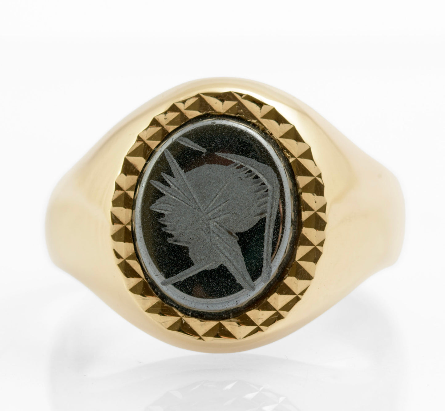 Vintage 9ct Gold Men's Signet Ring Hematite Centurion Engraved Cabochon UK S1/2 (C2726)