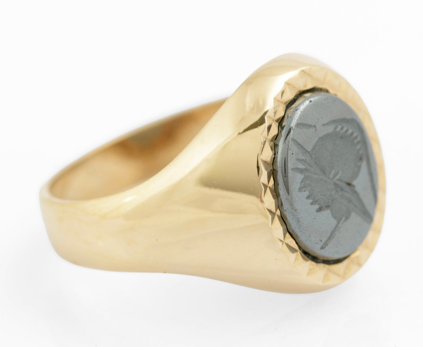 Vintage 9ct Gold Men's Signet Ring Hematite Centurion Engraved Cabochon UK S1/2 (C2726)