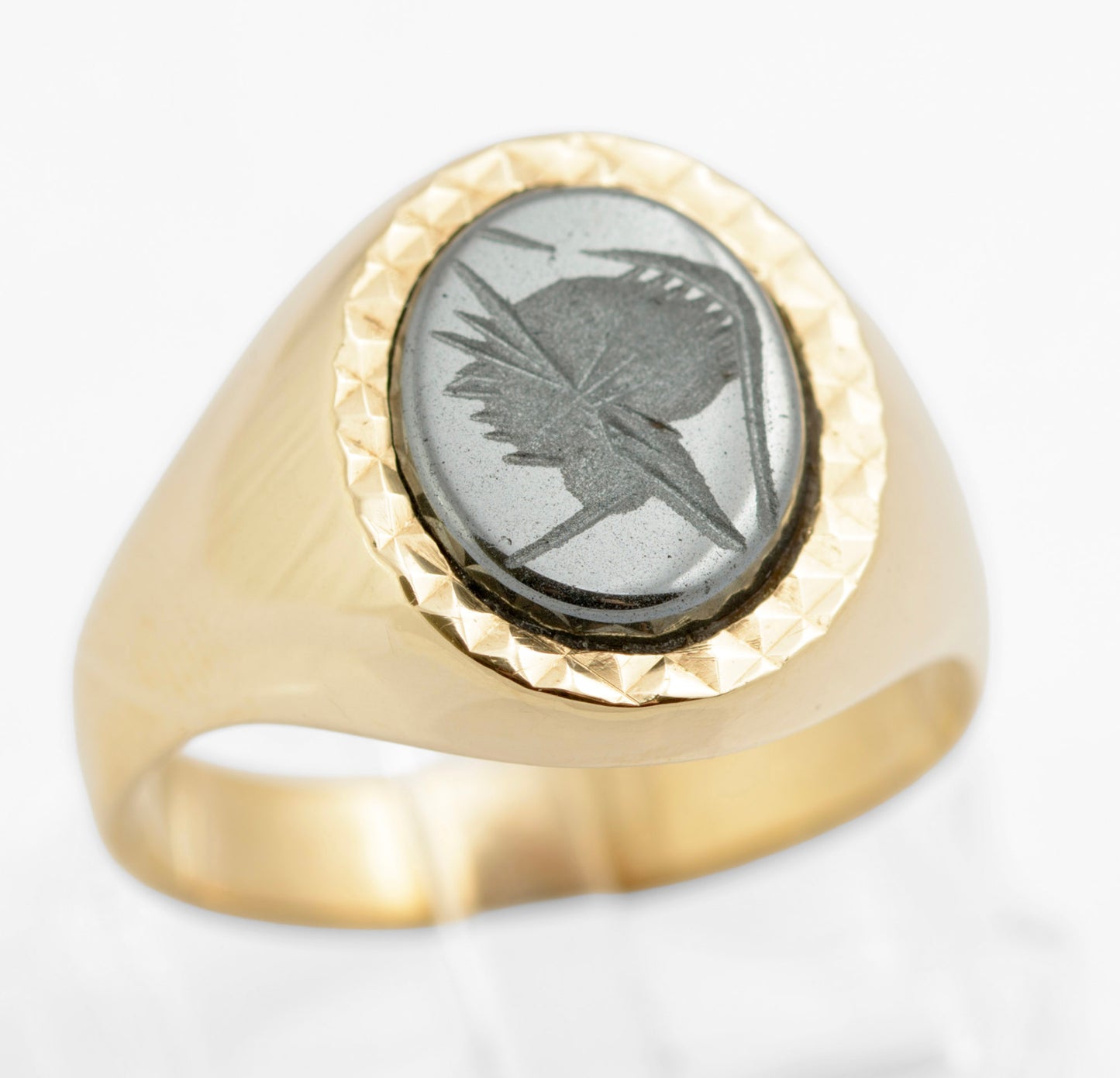 Vintage 9ct Gold Men's Signet Ring Hematite Centurion Engraved Cabochon UK S1/2 (C2726)