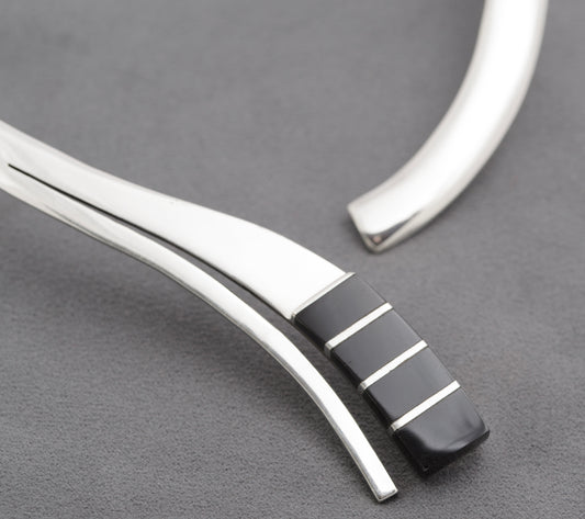 Vintage Mexican Sterling Silver & Onyx Statement Collar Necklace Art Deco Design (C2729)