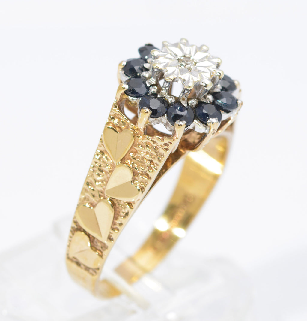 Vintage 9ct Gold Natural Sapphire & Diamond Ring | Heart Shaped Shoulders | Size P | C2730