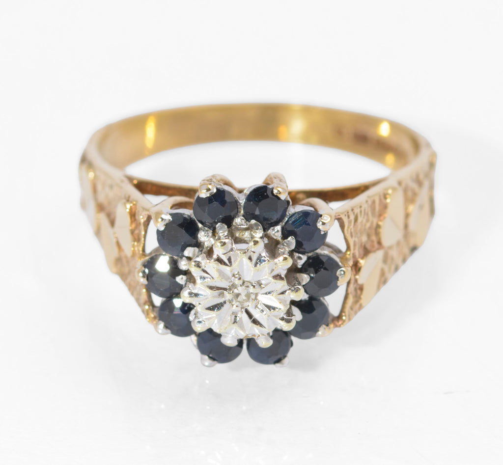 Vintage 9ct Gold Natural Sapphire & Diamond Ring | Heart Shaped Shoulders | Size P | C2730