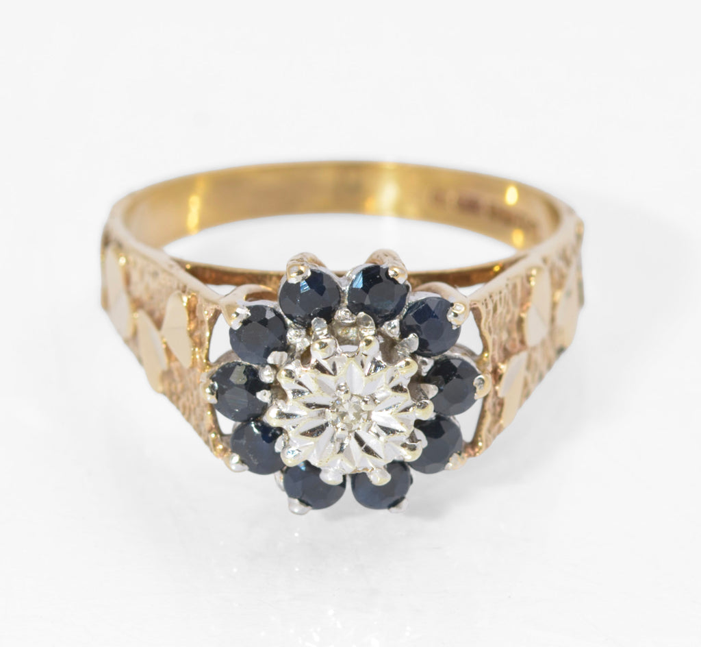 Vintage 9ct Gold Natural Sapphire & Diamond Ring | Heart Shaped Shoulders | Size P | C2730