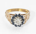 Vintage 9ct Gold Natural Sapphire & Diamond Ring | Heart Shaped Shoulders | Size P | C2730