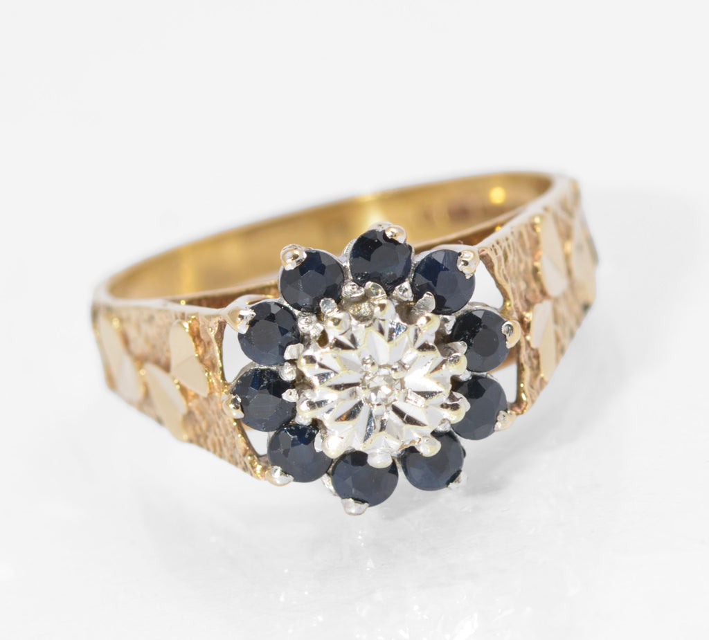 Vintage 9ct Gold Natural Sapphire & Diamond Ring | Heart Shaped Shoulders | Size P | C2730