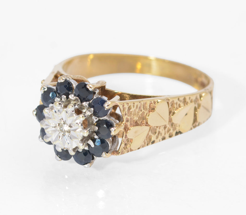 Vintage 9ct Gold Natural Sapphire & Diamond Ring | Heart Shaped Shoulders | Size P | C2730