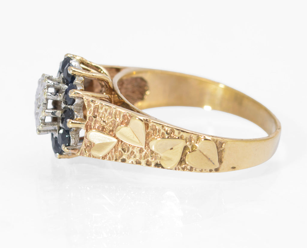Vintage 9ct Gold Natural Sapphire & Diamond Ring | Heart Shaped Shoulders | Size P | C2730