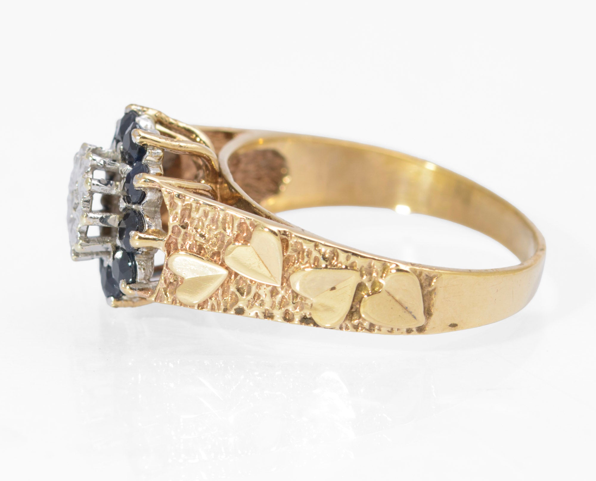 Vintage 9ct Gold Natural Sapphire & Diamond Ring | Heart Shaped Shoulders | Size P | C2730