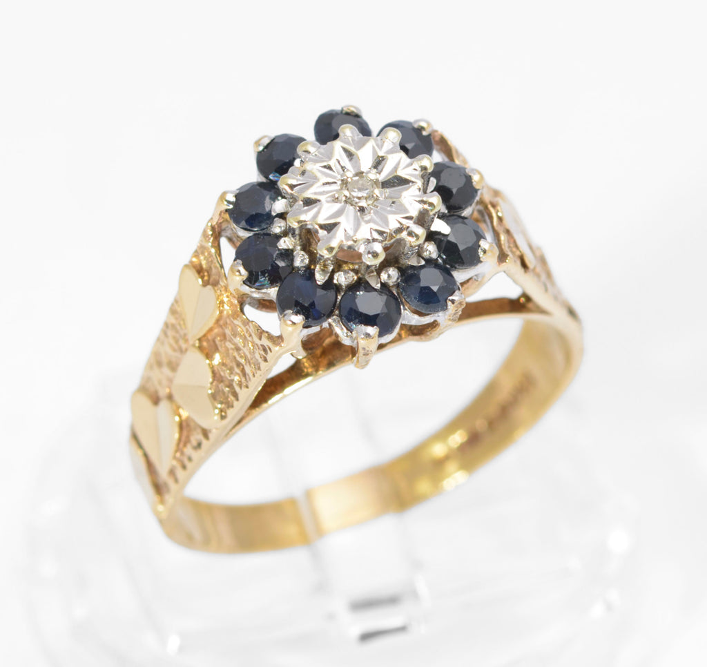 Vintage 9ct Gold Natural Sapphire & Diamond Ring | Heart Shaped Shoulders | Size P | C2730