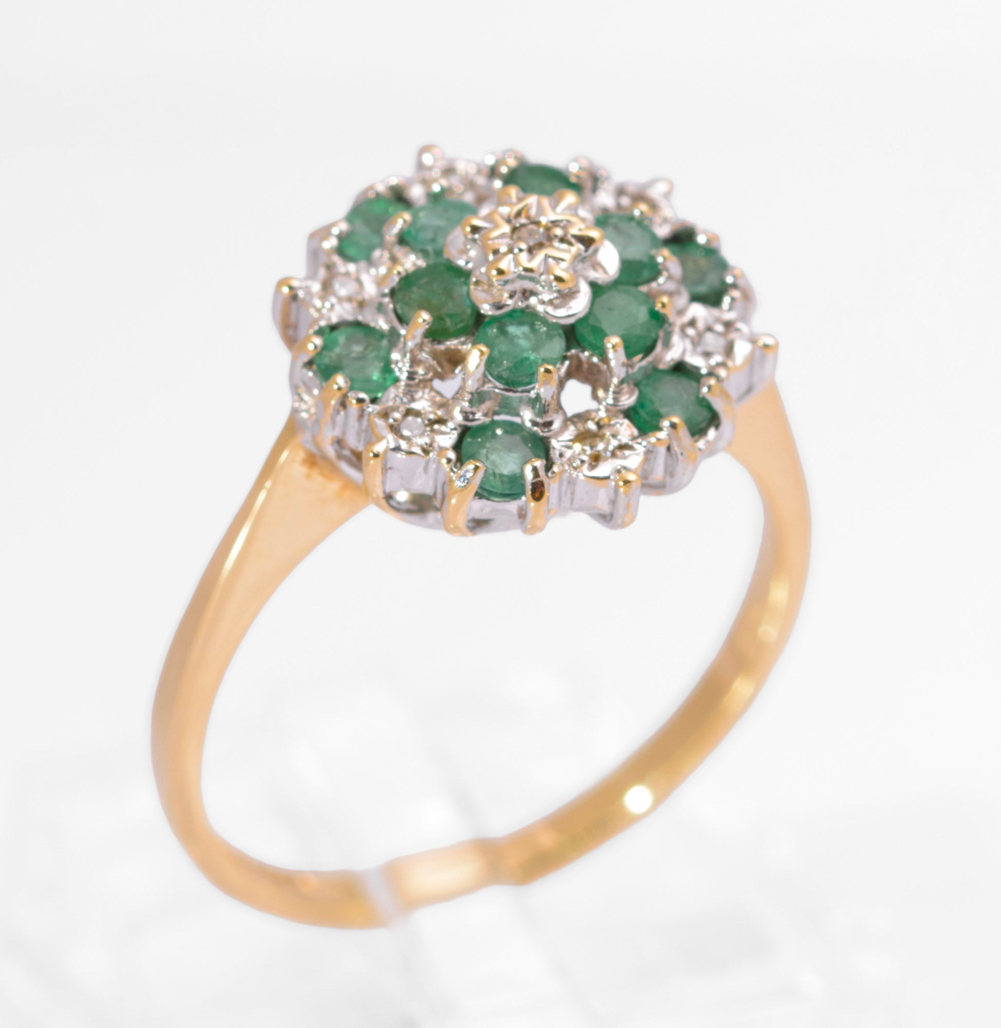 Vintage 9ct Gold Natural Emerald & Diamond Tiered Cluster Ring | London Hallmark 1989 | Size M½ | C2731