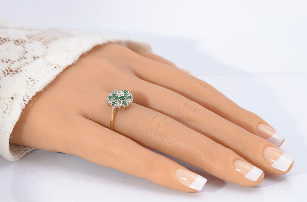 Vintage 9ct Gold Natural Emerald & Diamond Tiered Cluster Ring | London Hallmark 1989 | Size M½ | C2731