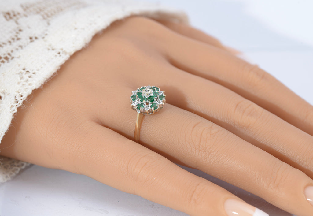 Vintage 9ct Gold Natural Emerald & Diamond Tiered Cluster Ring | London Hallmark 1989 | Size M½ | C2731