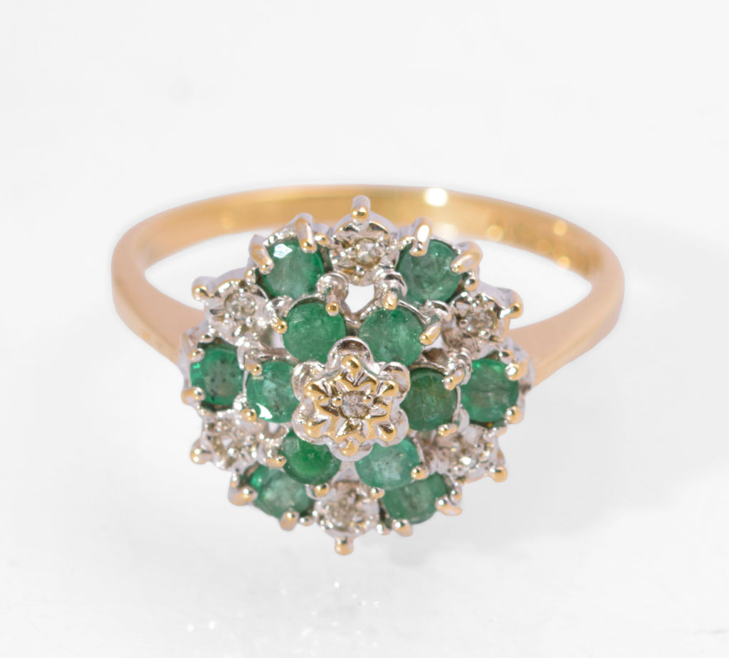 Vintage 9ct Gold Natural Emerald & Diamond Tiered Cluster Ring | London Hallmark 1989 | Size M½ | C2731