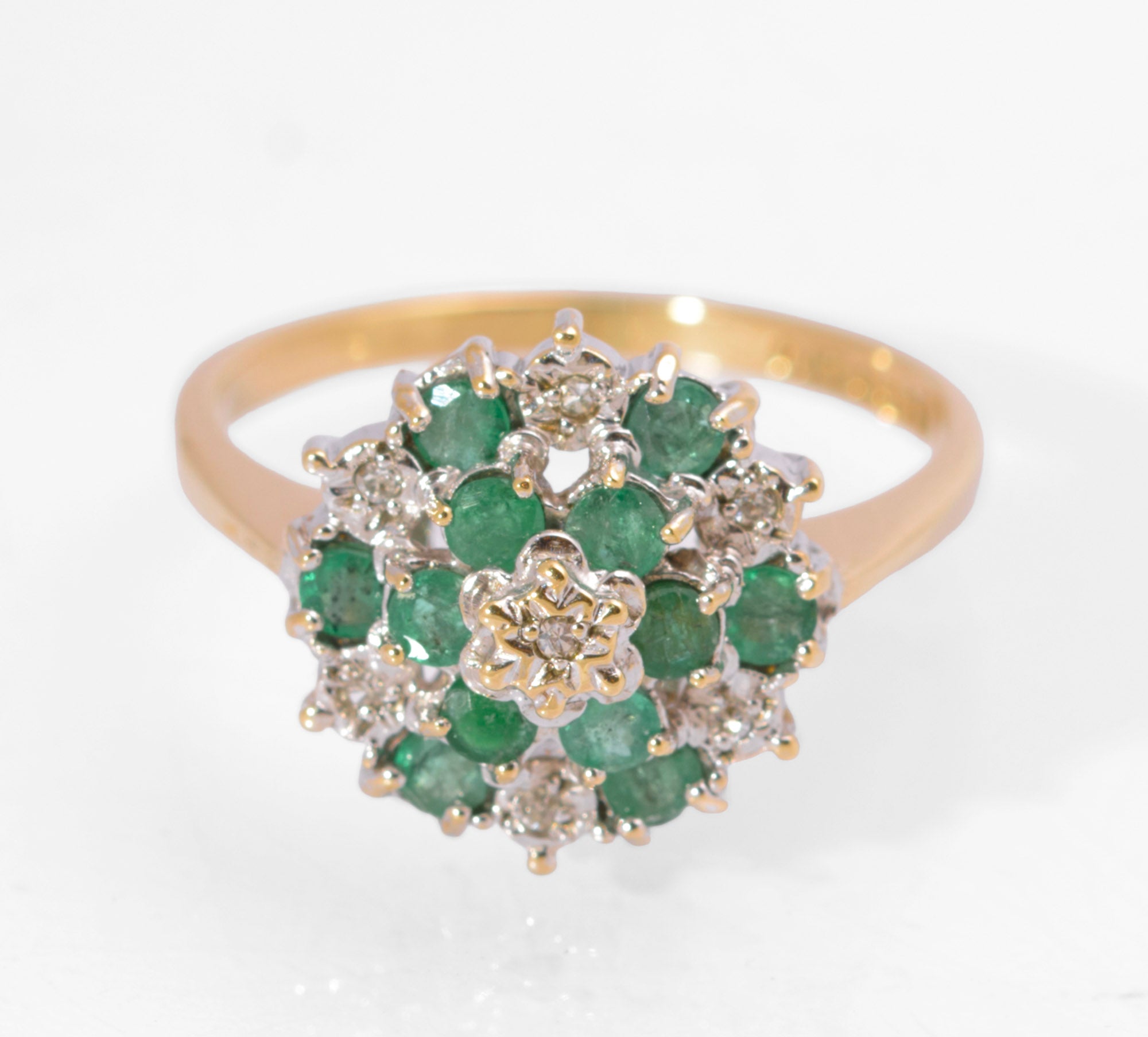 Vintage 9ct Gold Natural Emerald & Diamond Tiered Cluster Ring Size M1/2 (C2731)