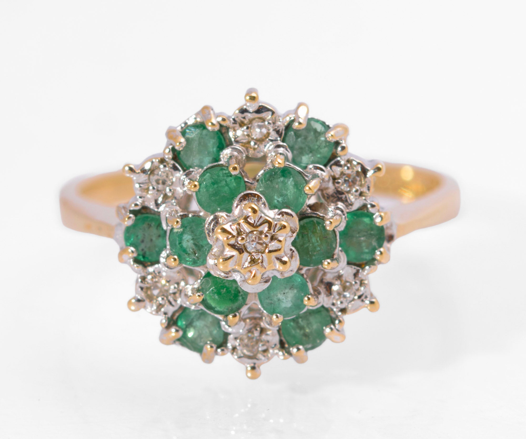 Vintage 9ct Gold Natural Emerald & Diamond Tiered Cluster Ring Size M1/2 (C2731)