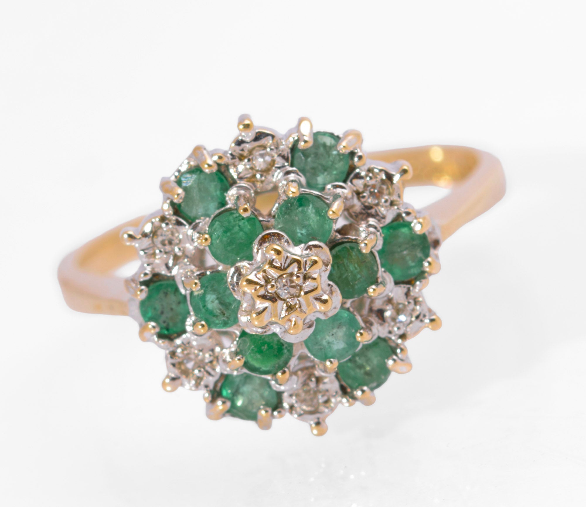 Vintage 9ct Gold Natural Emerald & Diamond Tiered Cluster Ring Size M1/2 (C2731)