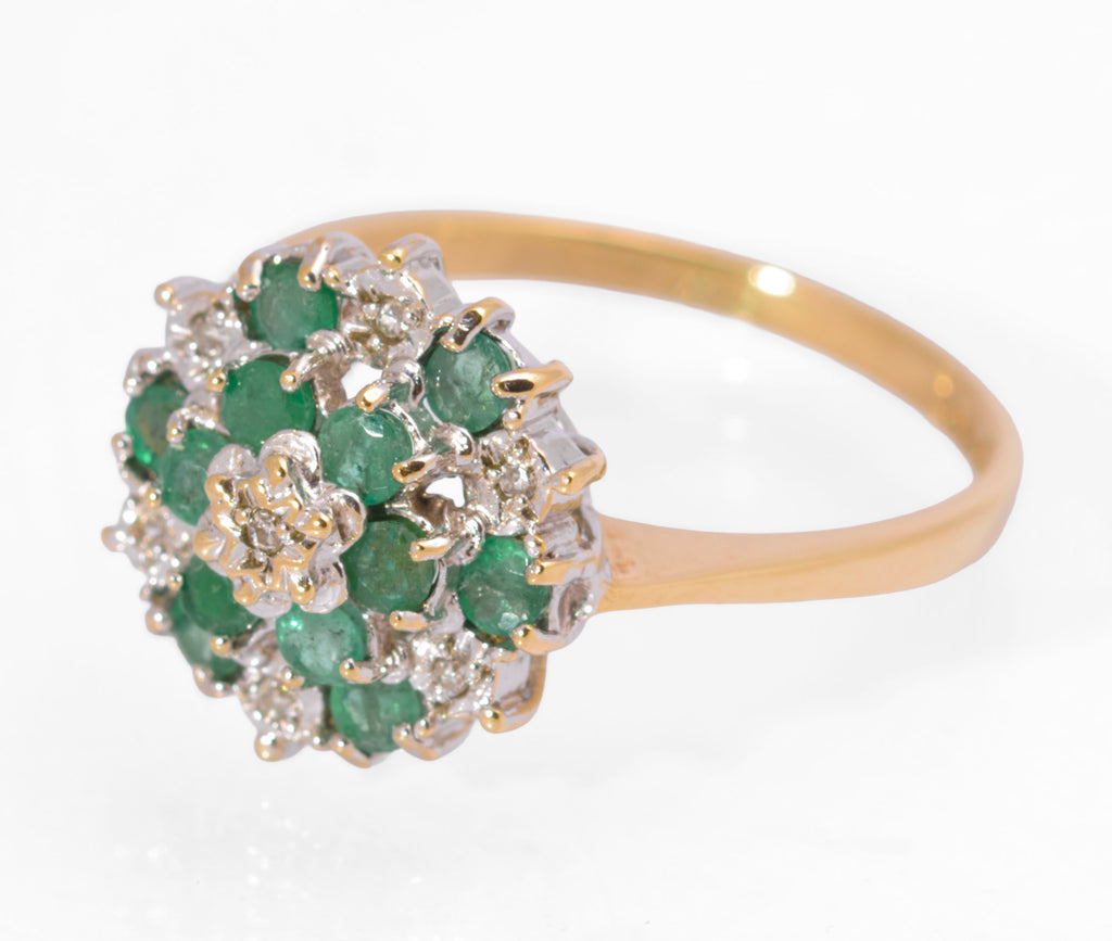 Vintage 9ct Gold Natural Emerald & Diamond Tiered Cluster Ring | London Hallmark 1989 | Size M½ | C2731