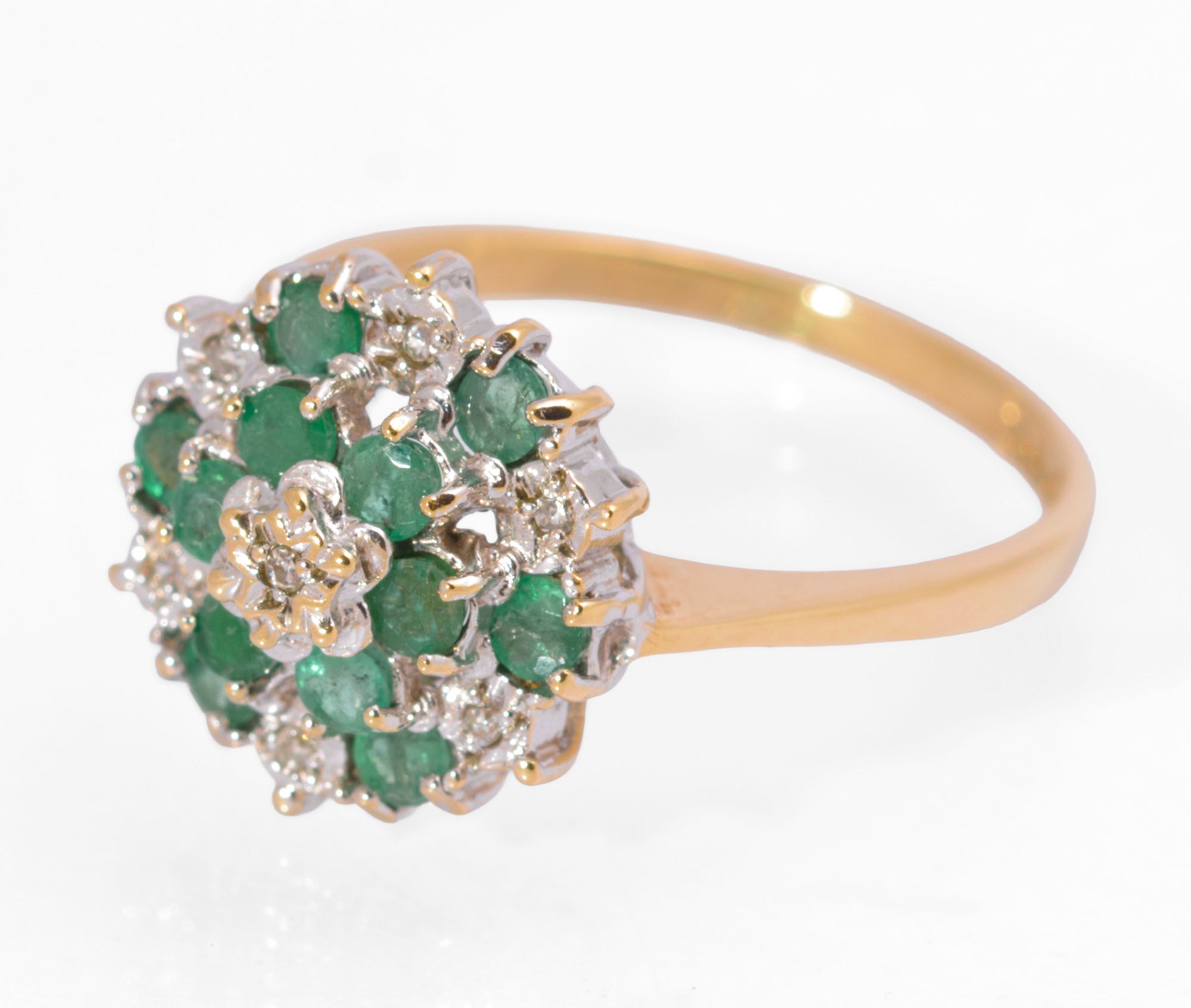 Vintage 9ct Gold Natural Emerald & Diamond Tiered Cluster Ring Size M1/2 (C2731)