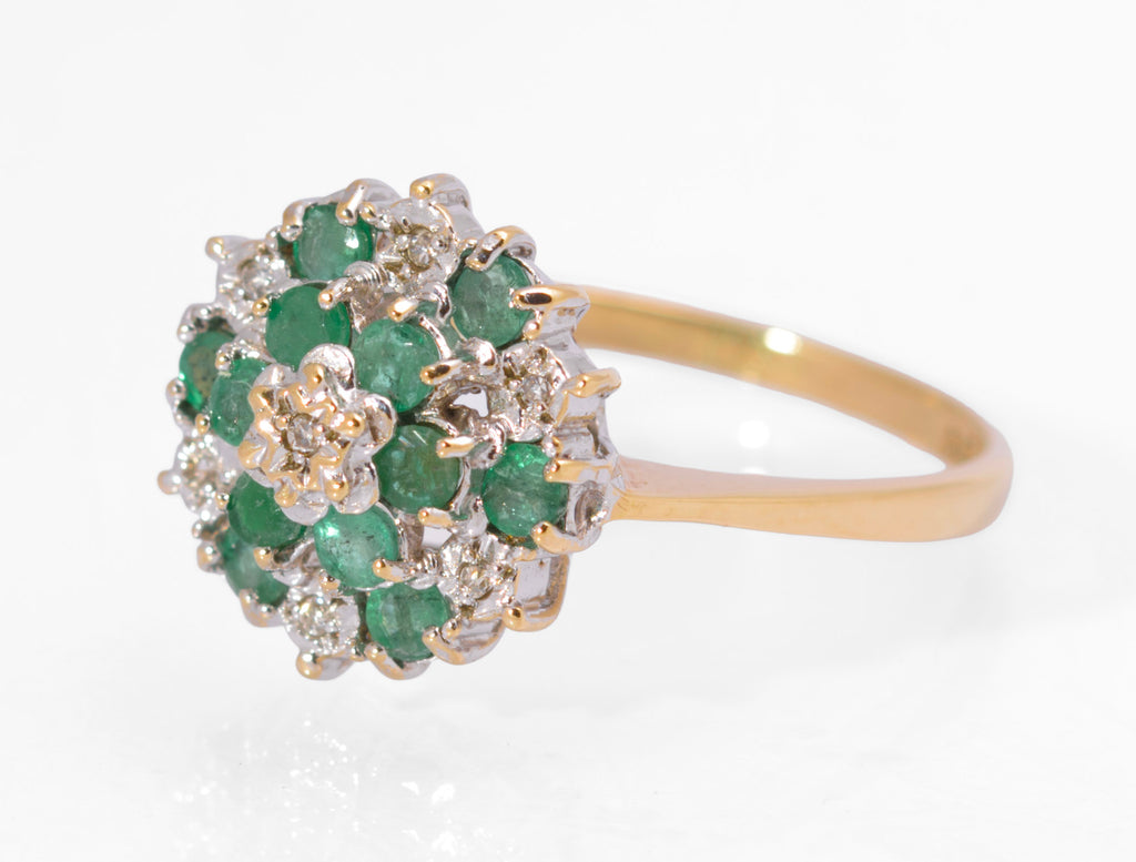 Vintage 9ct Gold Natural Emerald & Diamond Tiered Cluster Ring | London Hallmark 1989 | Size M½ | C2731