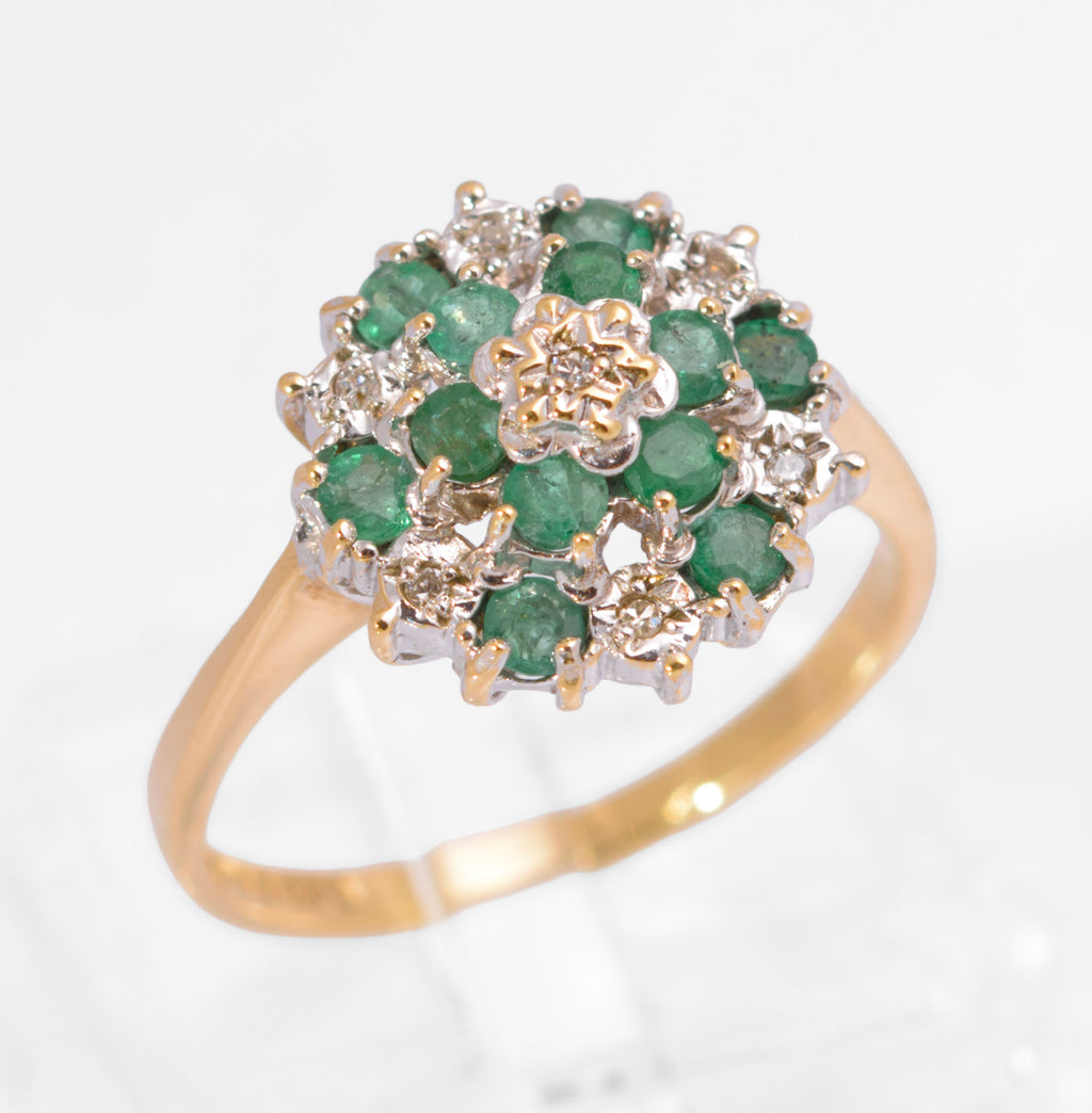 Vintage 9ct Gold Natural Emerald & Diamond Tiered Cluster Ring | London Hallmark 1989 | Size M½ | C2731