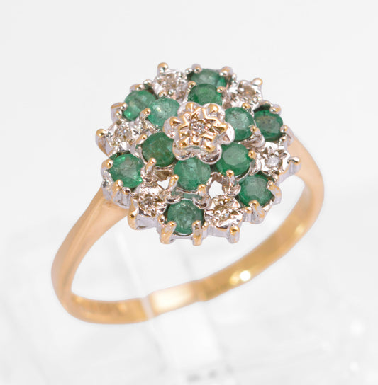 Vintage 9ct Gold Natural Emerald & Diamond Tiered Cluster Ring Size M1/2 (C2731)