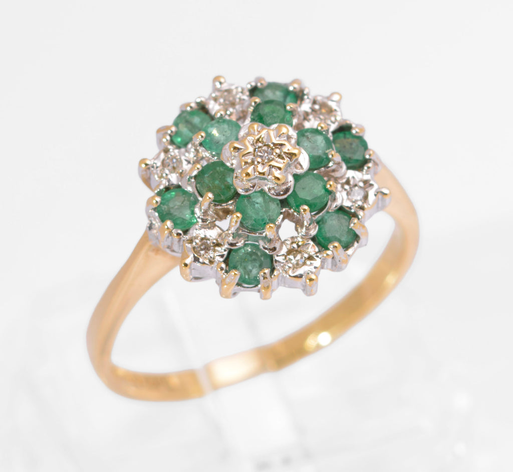 Vintage 9ct Gold Natural Emerald & Diamond Tiered Cluster Ring | London Hallmark 1989 | Size M½ | C2731