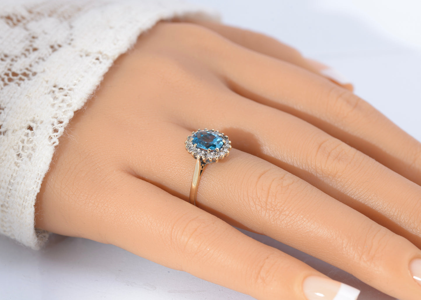 Vintage 9ct Gold Swiss Blue Natural 1.3 Carat Topaz Ring - Diamond Halo Size M (C2733)