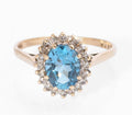 Vintage 9ct Gold Swiss Blue Natural 1.3 Carat Topaz Ring - Diamond Halo UK Size M (C2733)