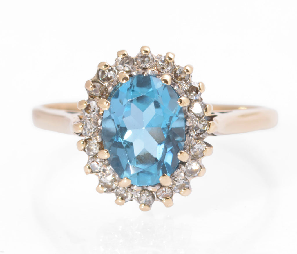 Vintage 9ct Gold Swiss Blue Natural 1.3 Carat Topaz Ring - Diamond Halo UK Size M (C2733)