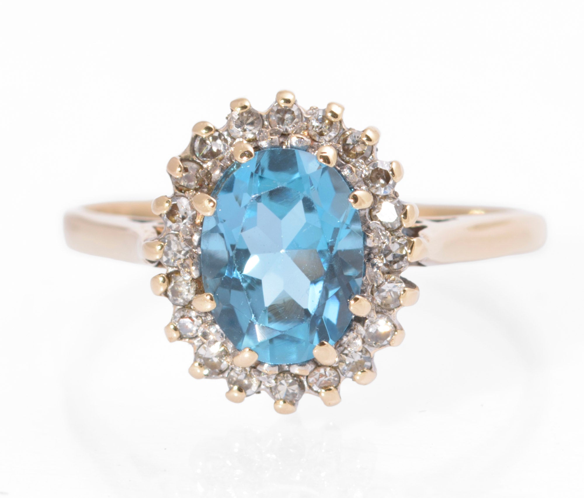 Vintage 9ct Gold Swiss Blue Natural 1.3 Carat Topaz Ring - Diamond Halo Size M (C2733)