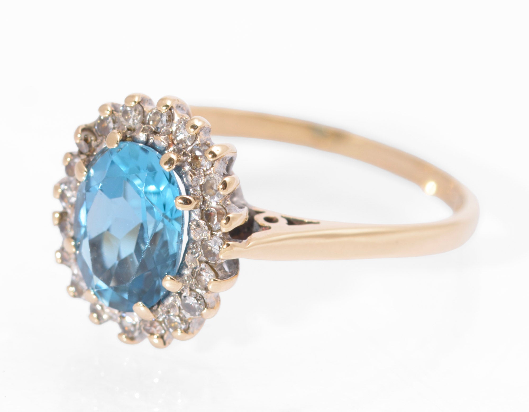 Vintage 9ct Gold Swiss Blue Natural 1.3 Carat Topaz Ring - Diamond Halo Size M (C2733)