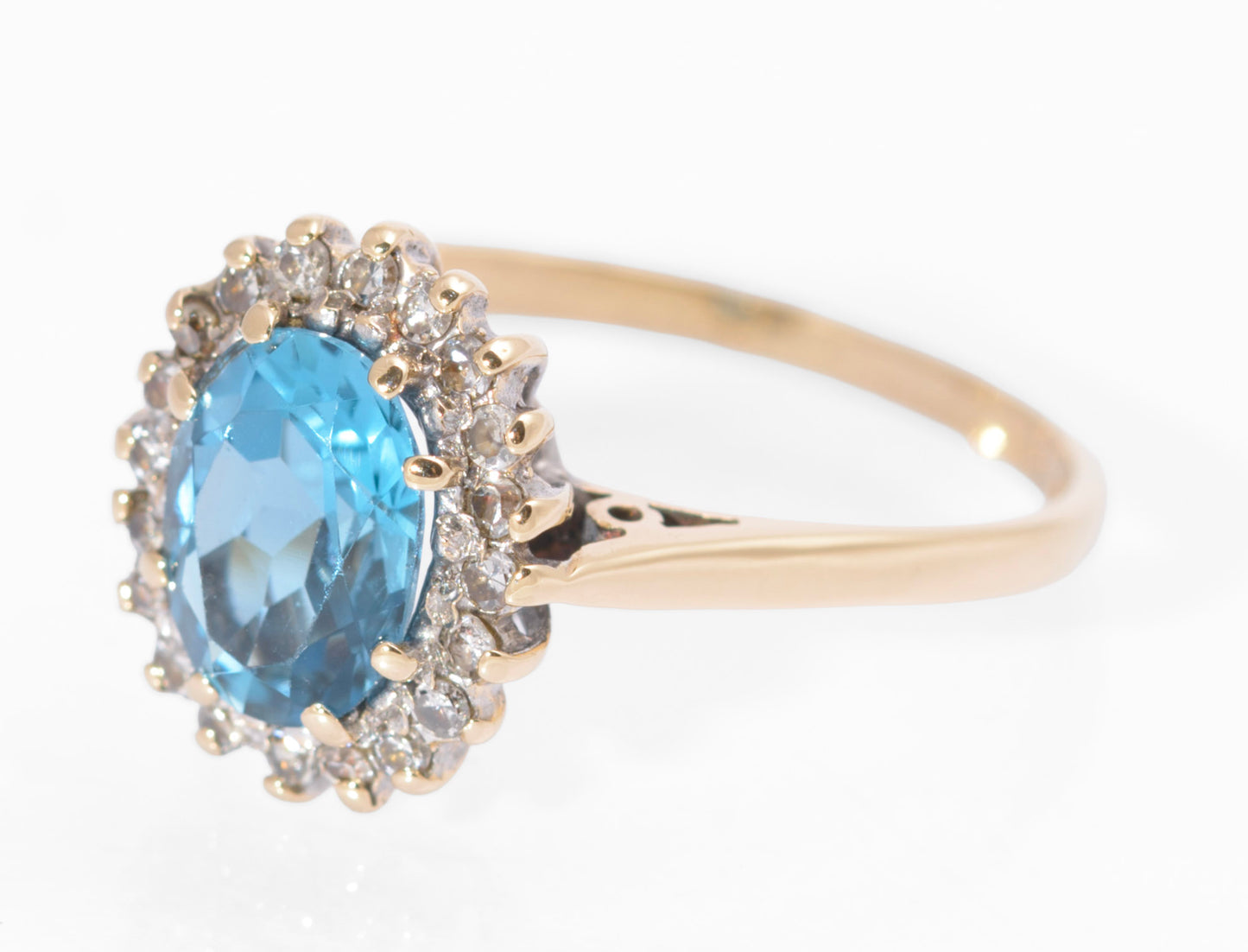 Vintage 9ct Gold Swiss Blue Natural 1.3 Carat Topaz Ring - Diamond Halo Size M (C2733)