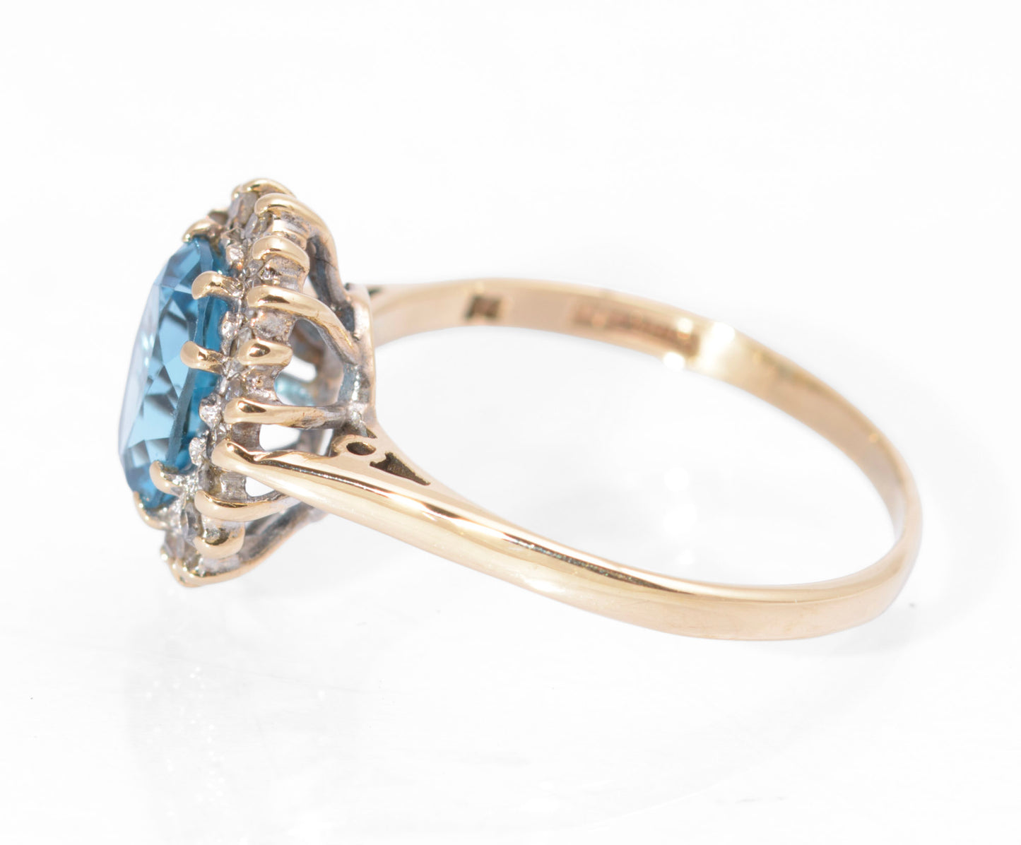 Vintage 9ct Gold Swiss Blue Natural 1.3 Carat Topaz Ring - Diamond Halo Size M (C2733)