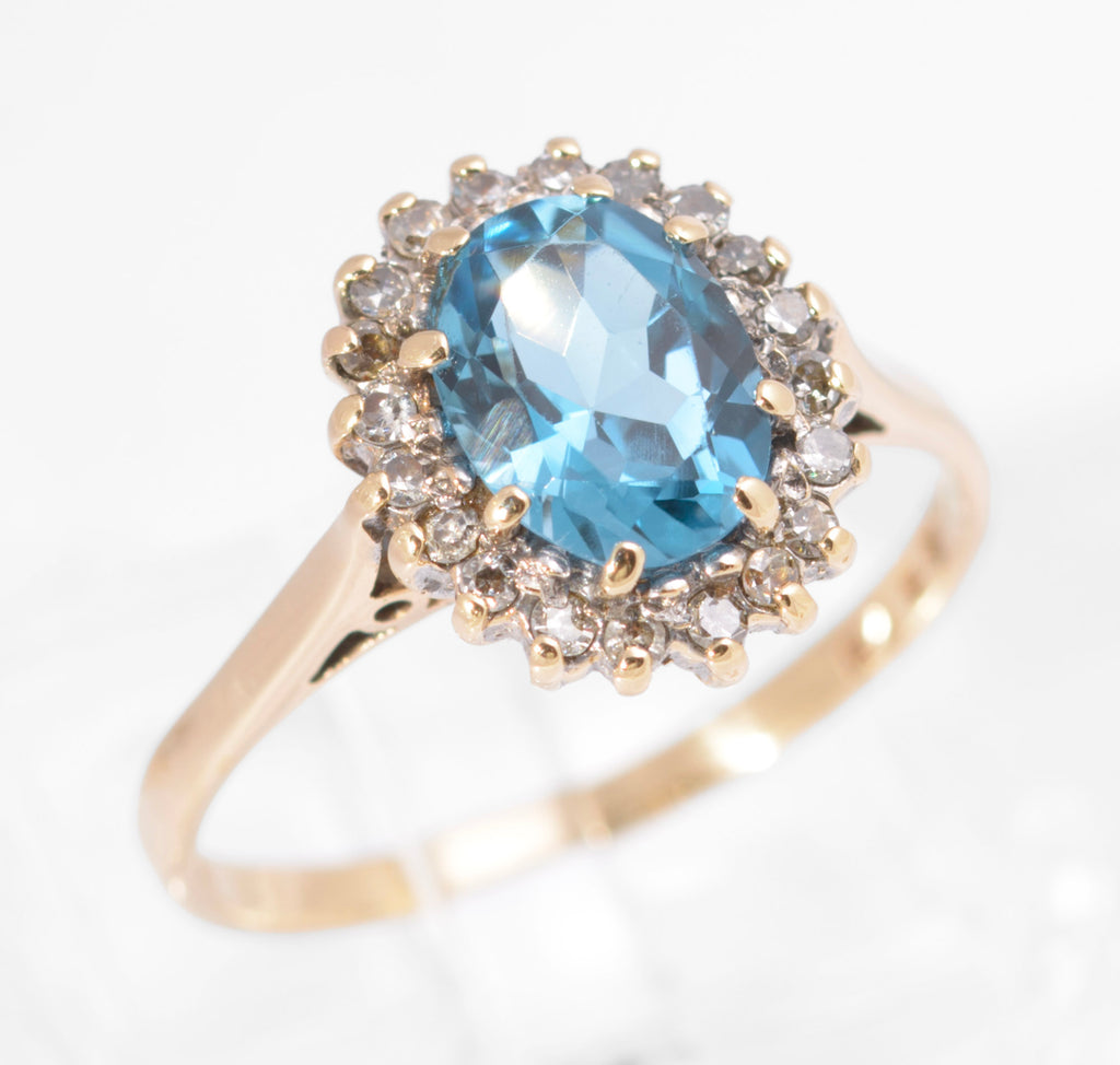 Vintage 9ct Gold Swiss Blue Natural 1.3 Carat Topaz Ring - Diamond Halo UK Size M (C2733)