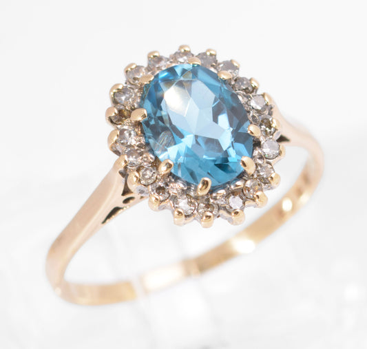 Vintage 9ct Gold Swiss Blue Natural 1.3 Carat Topaz Ring - Diamond Halo Size M (C2733)