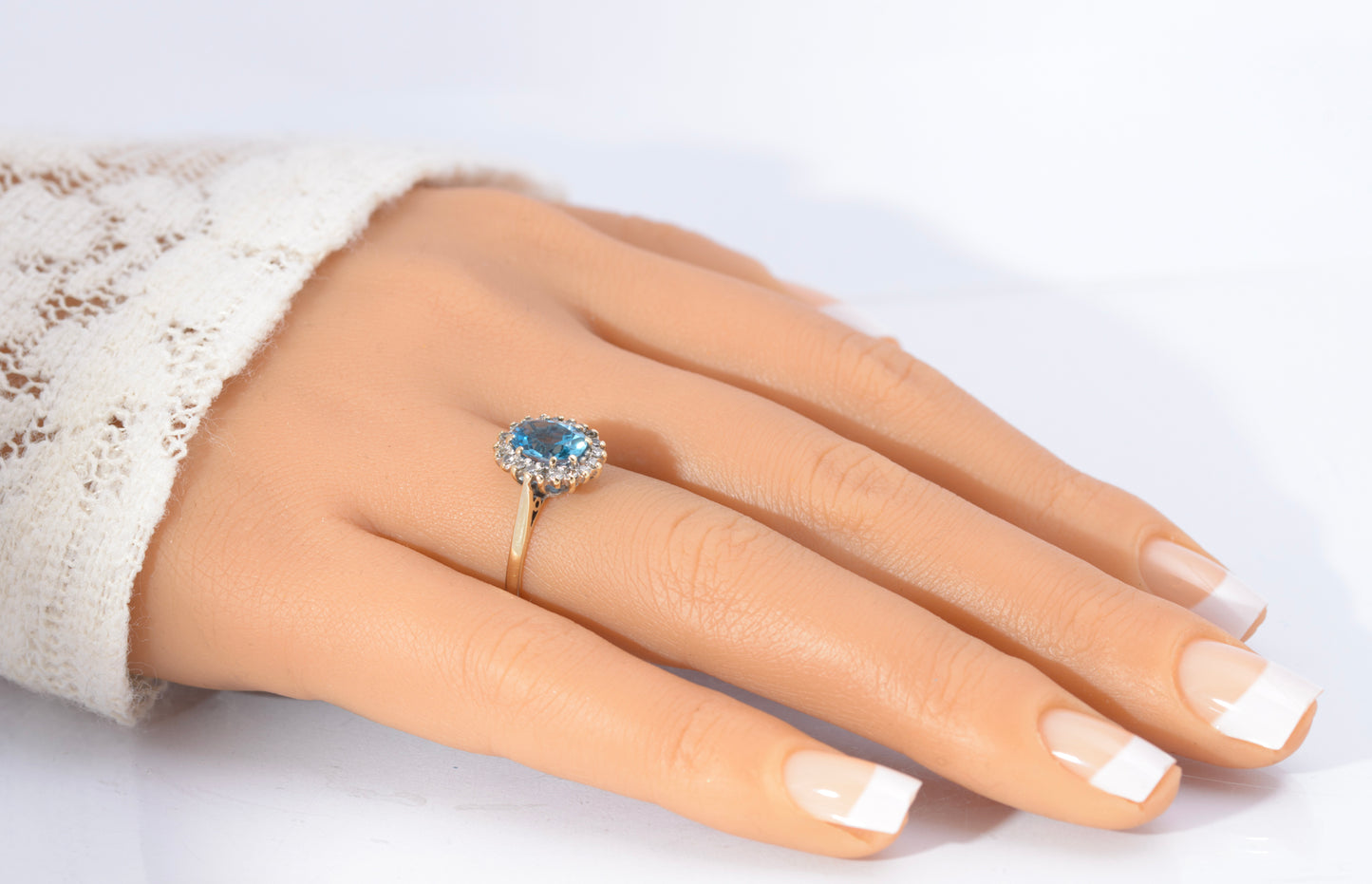 Vintage 9ct Gold Swiss Blue Natural 1.3 Carat Topaz Ring - Diamond Halo Size M (C2733)