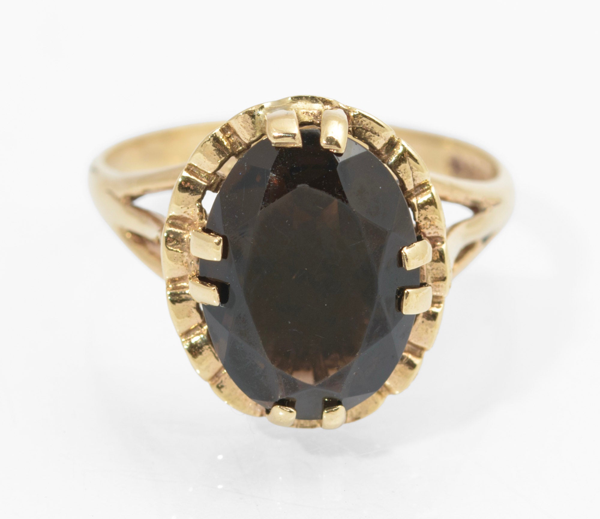 Vintage 9ct Gold & Natural 6.3 Carat Smoky Quartz Statement Ring 1970s Size R1/2 (C2735)