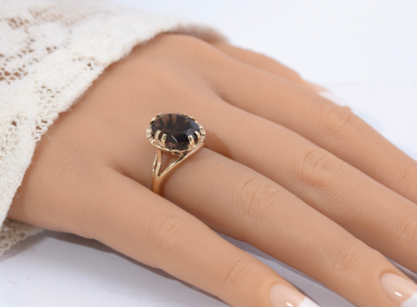 Vintage 9ct Gold & Natural 6.3 Carat Smoky Quartz Statement Ring 1970s Size R1/2 (C2735)