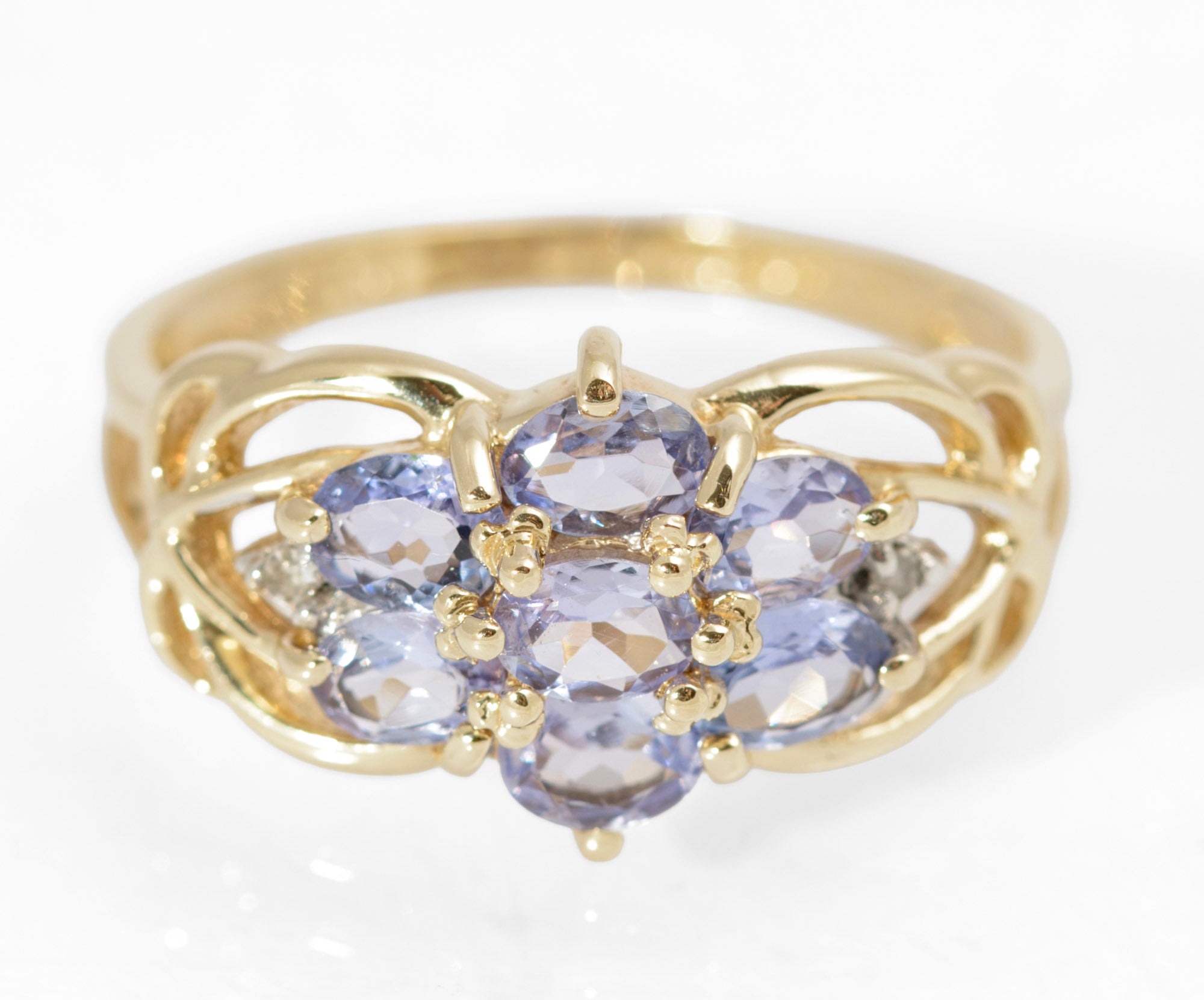Vintage 10K Gold & Natural Tanzanite Ring Art Nouveau Design UK Size M (C2737)