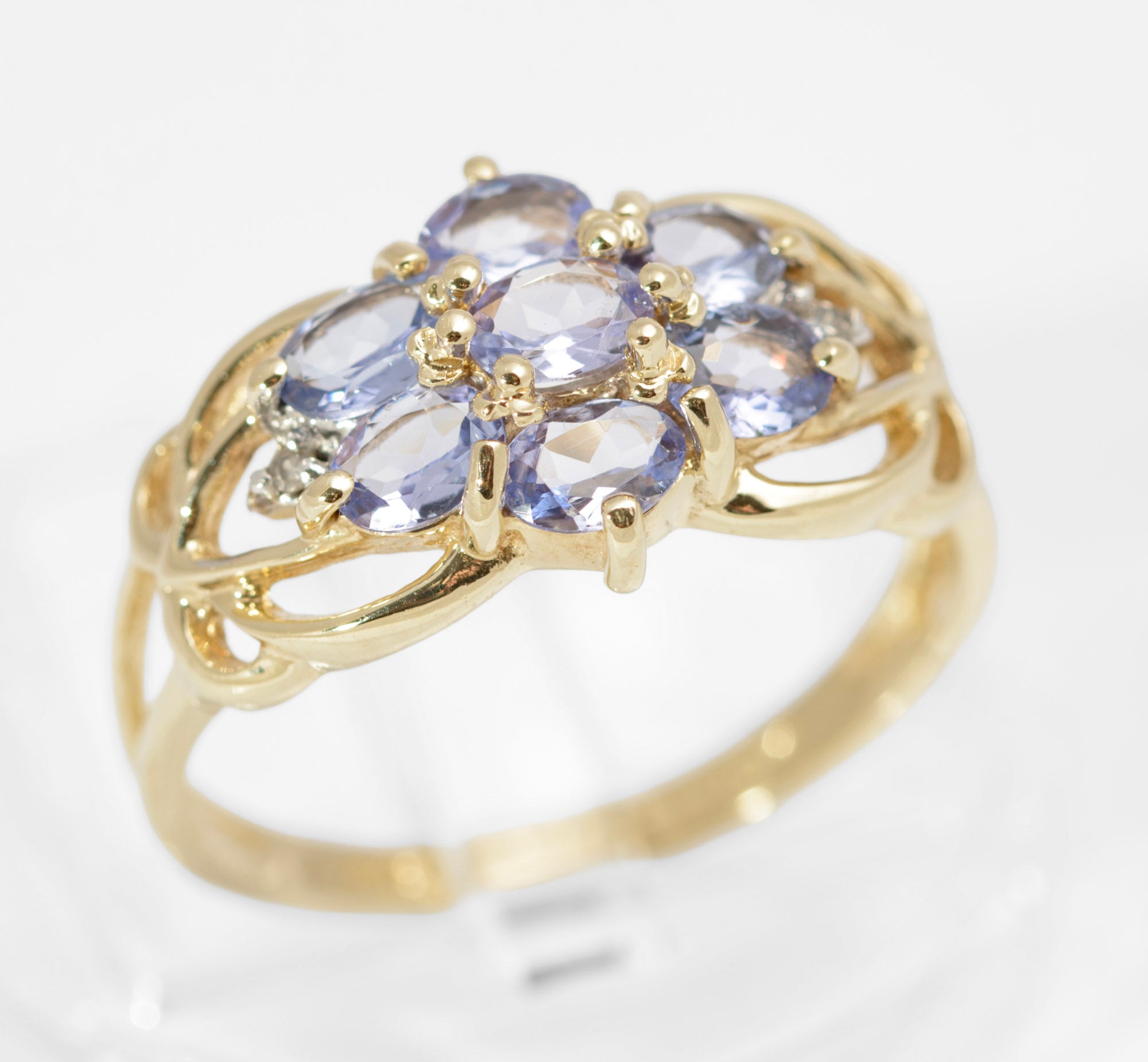 Vintage 10K Gold & Natural Tanzanite Ring Art Nouveau Design UK Size M (C2737)