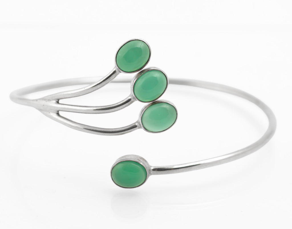 Vintage 925 Sterling Silver & Green Chrysoprase Cabochon Bangle Bracelet (C2739)